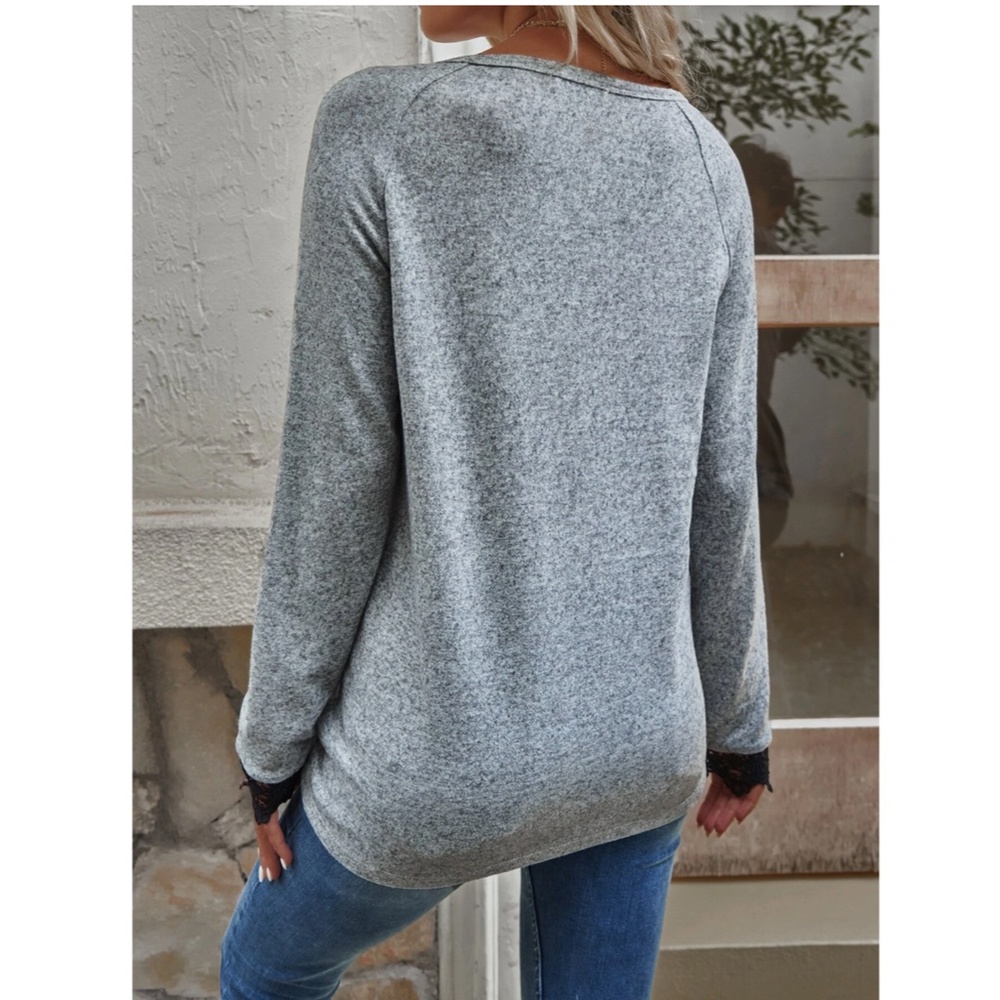 Grey Casual Marled Long Sleeve Tee Shirt V neck Buttons Contrast Black Lace - Picture 3 of 9